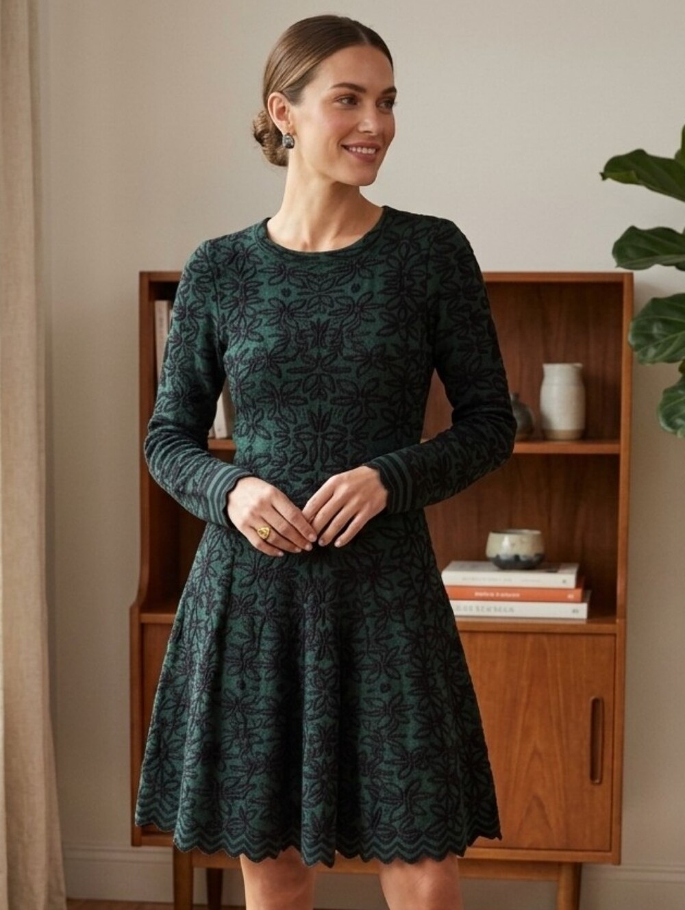 John + Jenn Green Floral Knit Long-Sleeve Fit & Flare Dress Modest Whimsigoth L